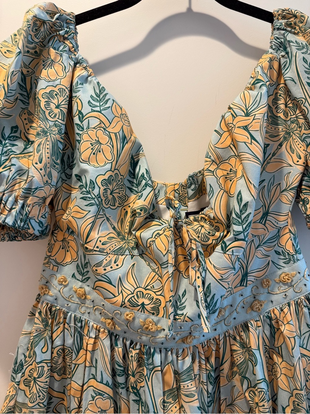 Agua by Agua Bendita Aqua and Yellow Floral Puff-Sleeve Mini Dress - Picture 2 of 7